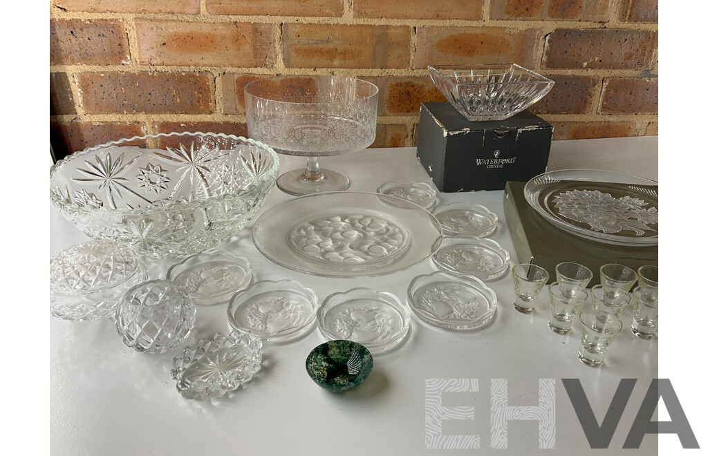 Collection of Bowls, Plates and Glasses - Including Waterford Crystal Lismore Bowl, HOYA Crystal,  Moss Agate Bowl and More  - Lot of 11