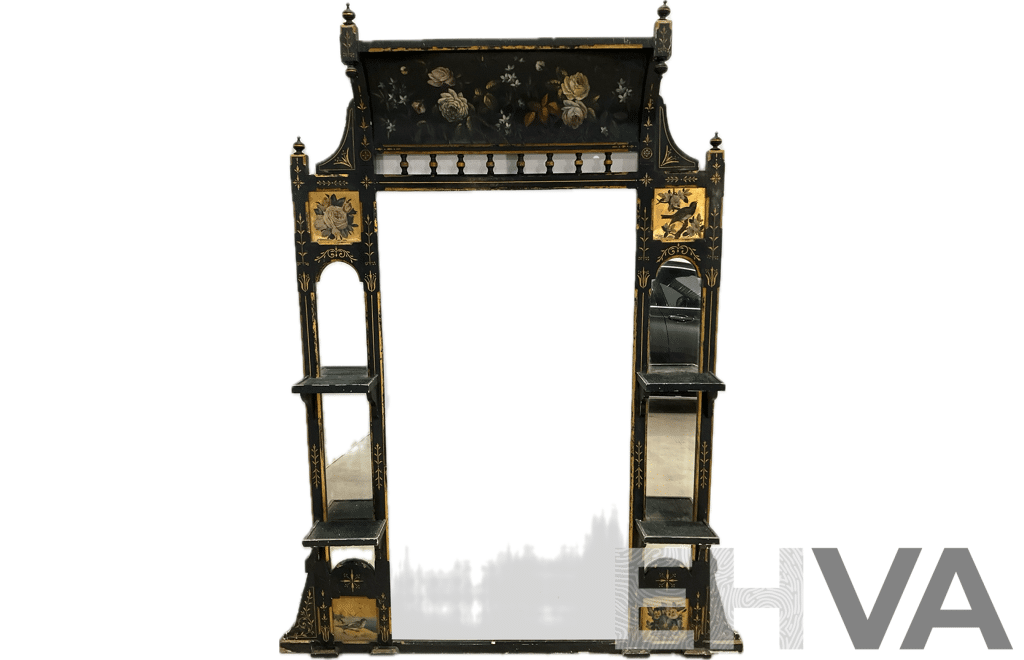 Ebonised and Gilt Handpainted Mantel Mirror with Shelves 