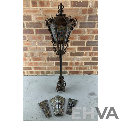 Antique Wrought Iron Lantern with Leadlight Panels
