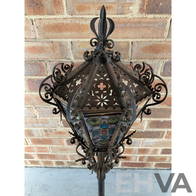 Antique Wrought Iron Lantern with Leadlight Panels