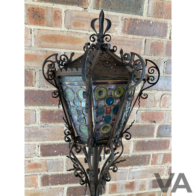 Antique Wrought Iron Lantern with Leadlight Panels