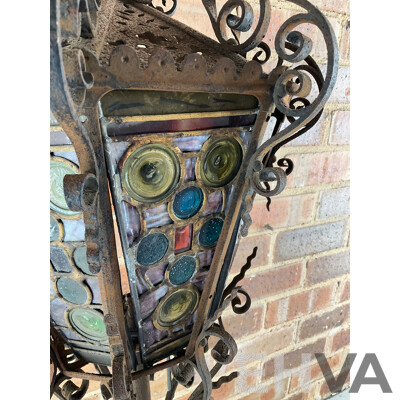 Antique Wrought Iron Lantern with Leadlight Panels