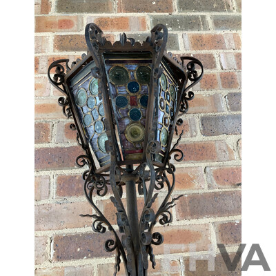 Antique Wrought Iron Lantern with Leadlight Panels