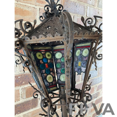Antique Wrought Iron Lantern with Leadlight Panels