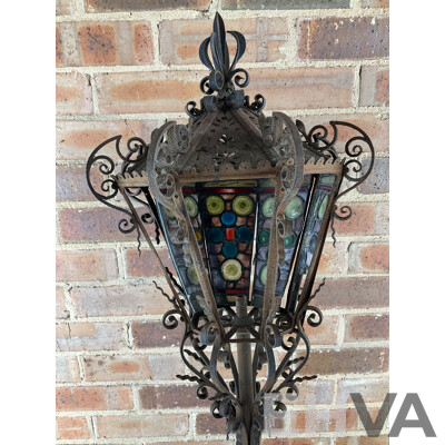 Antique Wrought Iron Lantern with Leadlight Panels