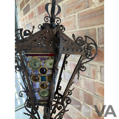 Antique Wrought Iron Lantern with Leadlight Panels