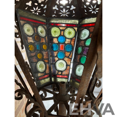 Antique Wrought Iron Lantern with Leadlight Panels