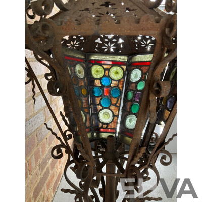 Antique Wrought Iron Lantern with Leadlight Panels