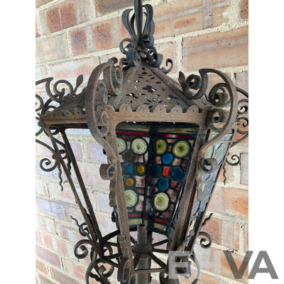 Antique Wrought Iron Lantern with Leadlight Panels