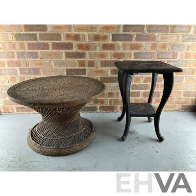 Japanese Carved Arts and Crafts Side Table, Vintage Rattan Waisted Drum Side Table