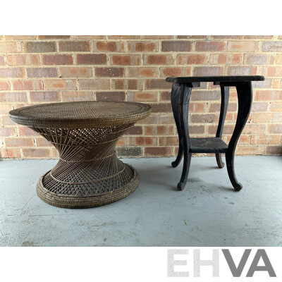 Japanese Carved Arts and Crafts Side Table, Vintage Rattan Waisted Drum Side Table