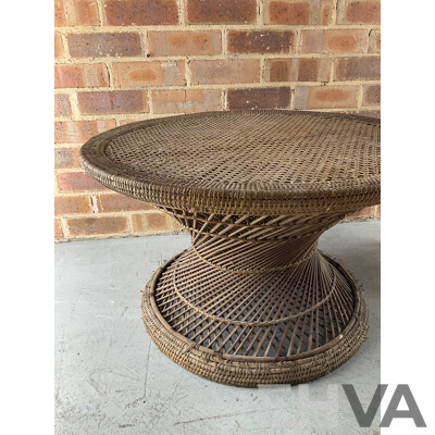 Japanese Carved Arts and Crafts Side Table, Vintage Rattan Waisted Drum Side Table
