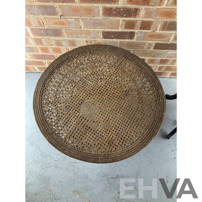 Japanese Carved Arts and Crafts Side Table, Vintage Rattan Waisted Drum Side Table