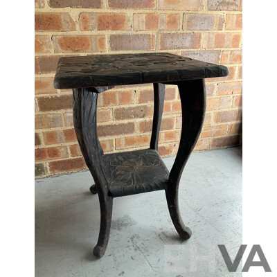 Japanese Carved Arts and Crafts Side Table, Vintage Rattan Waisted Drum Side Table