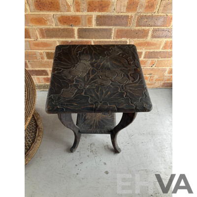 Japanese Carved Arts and Crafts Side Table, Vintage Rattan Waisted Drum Side Table