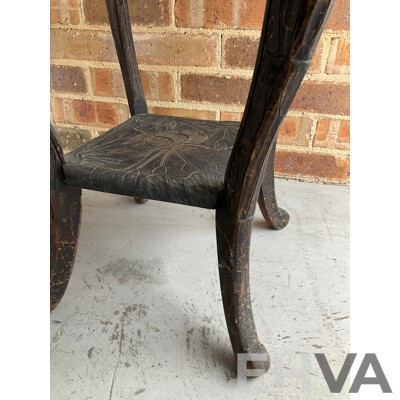 Japanese Carved Arts and Crafts Side Table, Vintage Rattan Waisted Drum Side Table