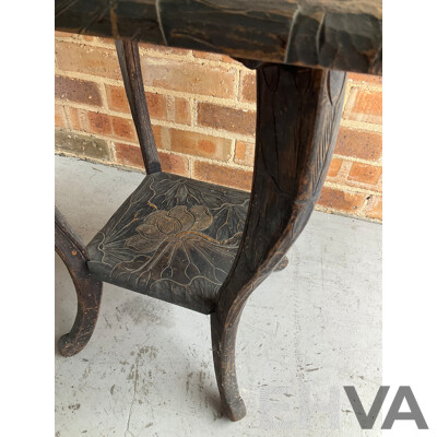 Japanese Carved Arts and Crafts Side Table, Vintage Rattan Waisted Drum Side Table