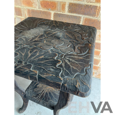 Japanese Carved Arts and Crafts Side Table, Vintage Rattan Waisted Drum Side Table