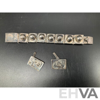 Vintage Mexican Silver Modernist Bracelet and Cuff Links
