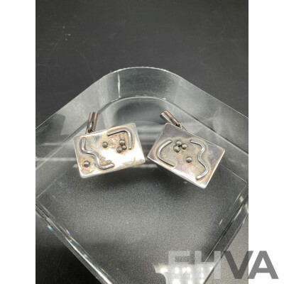 Vintage Mexican Silver Modernist Bracelet and Cuff Links