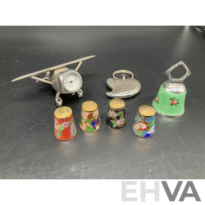 Set of Four Vintage Chinese Cloisonne Sewing Thimble, Bell, Metal Herat Keychain and QUARTZ Japan Vintage Aeroplane Table Clock ''Friend of the RFDS Southern Eastern Section'' - Lot of 4