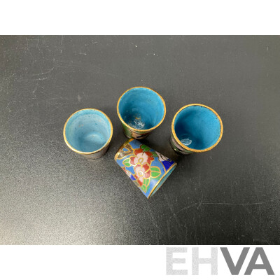 Set of Four Vintage Chinese Cloisonne Sewing Thimble, Bell, Metal Herat Keychain and QUARTZ Japan Vintage Aeroplane Table Clock ''Friend of the RFDS Southern Eastern Section'' - Lot of 4