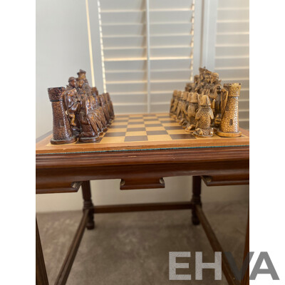 Oversize Composite Chess Set on Mahogany Side Table