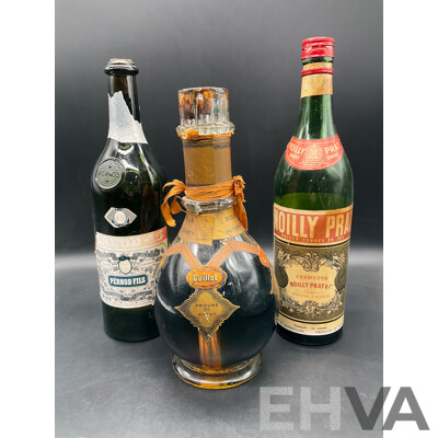 Assorted Vintage Spirits - GUILLAT Liqueurs - Four Comparment Bottle, Pernod Fils, Noilly Prat & Co Vermouoth  - Lot of 3