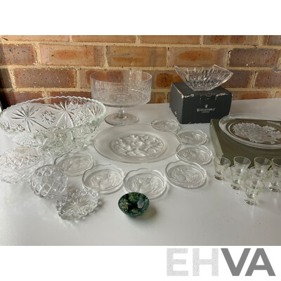 Collection of Bowls, Plates and Glasses - Including Waterford Crystal Lismore Bowl, HOYA Crystal,  Moss Agate Bowl and More  - Lot of 11
