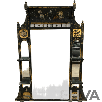 Ebonised and Gilt Handpainted Mantel Mirror with Shelves 