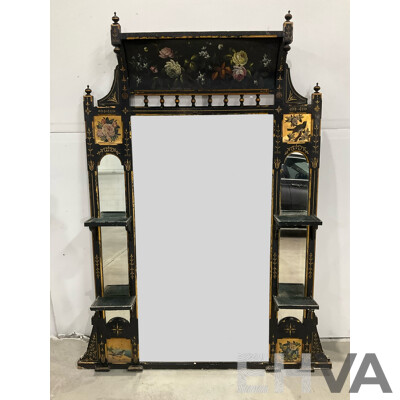 Ebonised and Gilt Handpainted Mantel Mirror with Shelves 