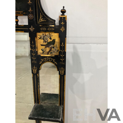 Ebonised and Gilt Handpainted Mantel Mirror with Shelves 