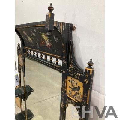 Ebonised and Gilt Handpainted Mantel Mirror with Shelves 