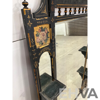 Ebonised and Gilt Handpainted Mantel Mirror with Shelves 