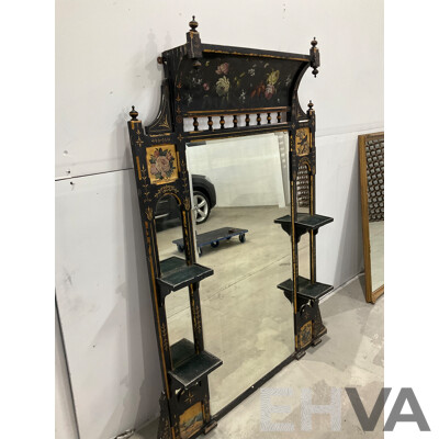 Ebonised and Gilt Handpainted Mantel Mirror with Shelves 