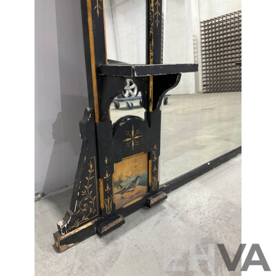 Ebonised and Gilt Handpainted Mantel Mirror with Shelves 