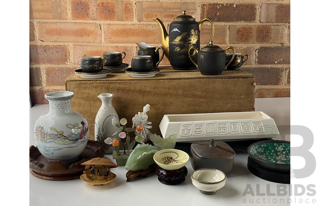 Mainly Mid Century Japanese Pottery, Tea Set, Jade Bonsai Tree, Jade Fish Carving
