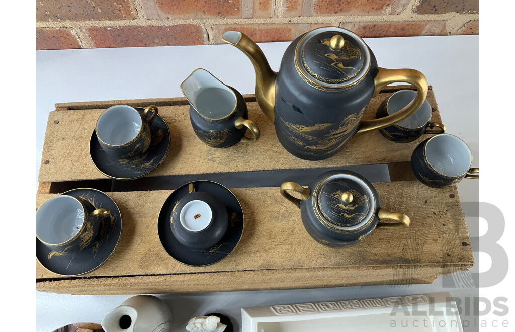 Mainly Mid Century Japanese Pottery, Tea Set, Jade Bonsai Tree, Jade Fish Carving