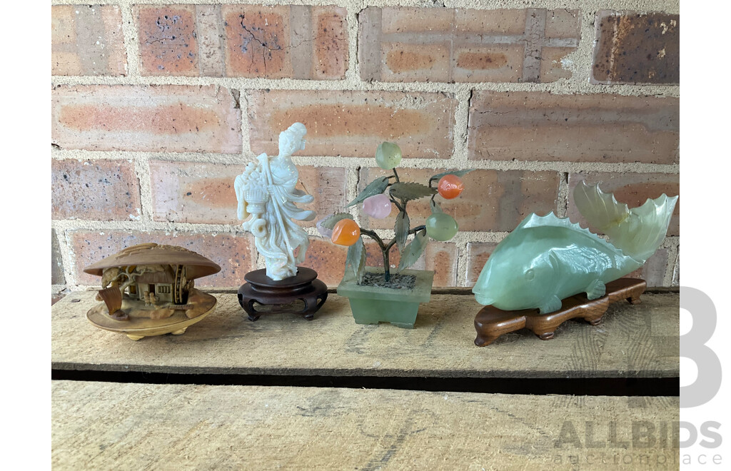 Mainly Mid Century Japanese Pottery, Tea Set, Jade Bonsai Tree, Jade Fish Carving