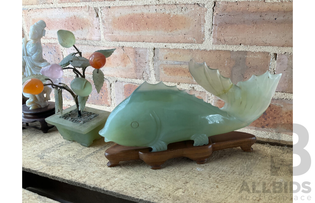 Mainly Mid Century Japanese Pottery, Tea Set, Jade Bonsai Tree, Jade Fish Carving