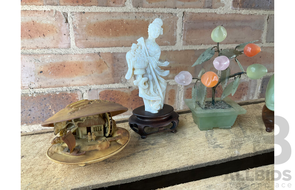 Mainly Mid Century Japanese Pottery, Tea Set, Jade Bonsai Tree, Jade Fish Carving