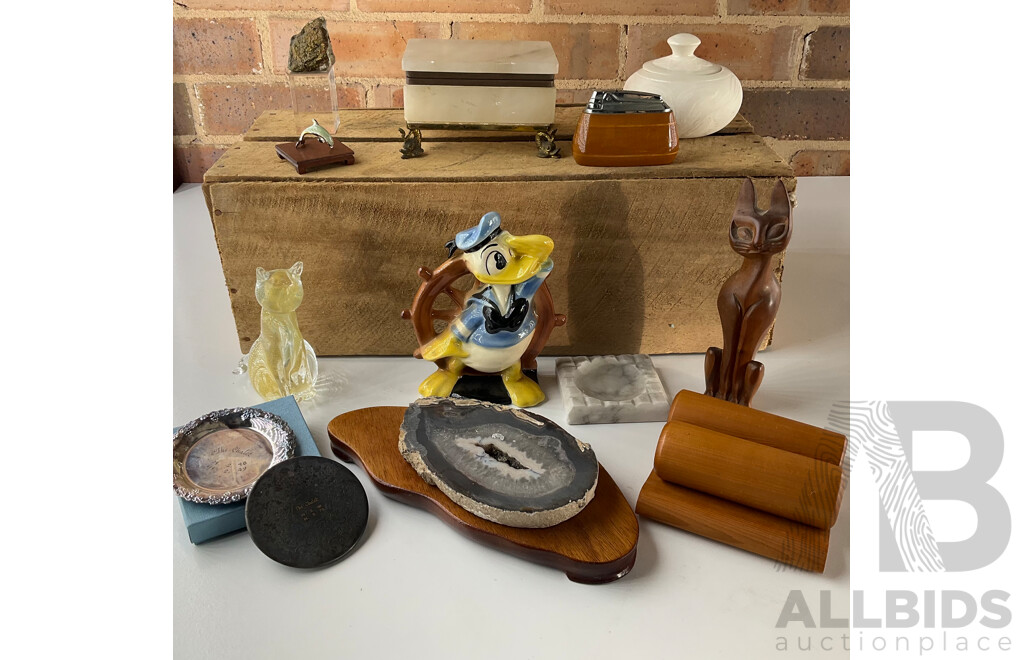 Collection of Decorative Objects Including Donald Duck Figure, Murano Crystal Cat, Huon Pine Serviette Holder and More