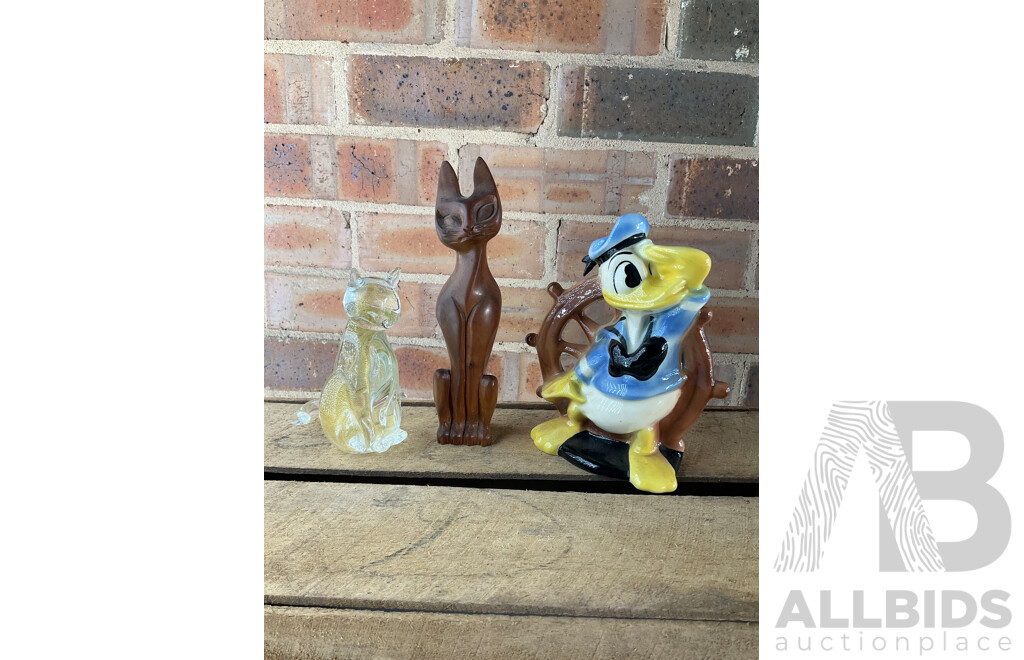 Collection of Decorative Objects Including Donald Duck Figure, Murano Crystal Cat, Huon Pine Serviette Holder and More