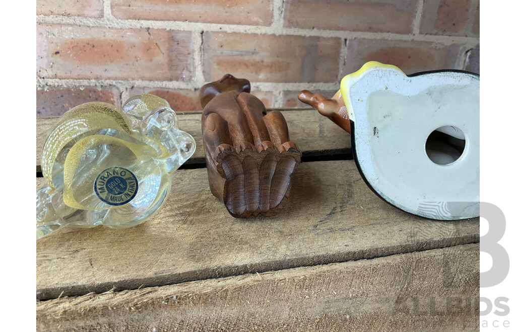 Collection of Decorative Objects Including Donald Duck Figure, Murano Crystal Cat, Huon Pine Serviette Holder and More