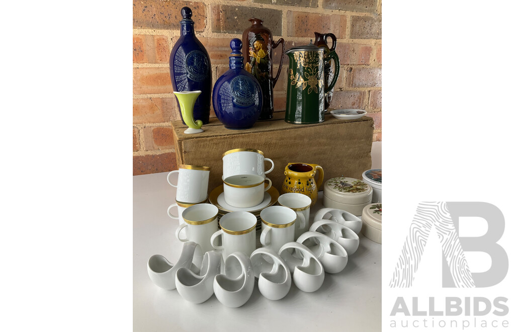 ROYAL DOULTON 'King George' Decanters (x4), Antique English Pitcher, Collection of Porcelain Trinket Boxes (x4), ROSENTHAL German Gilt Porcelain Coffee Set and More