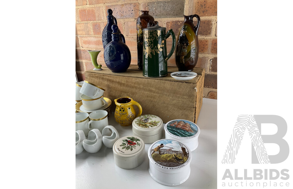 ROYAL DOULTON 'King George' Decanters (x4), Antique English Pitcher, Collection of Porcelain Trinket Boxes (x4), ROSENTHAL German Gilt Porcelain Coffee Set and More