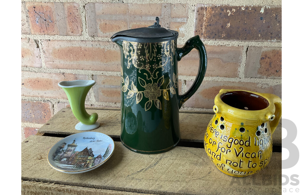 ROYAL DOULTON 'King George' Decanters (x4), Antique English Pitcher, Collection of Porcelain Trinket Boxes (x4), ROSENTHAL German Gilt Porcelain Coffee Set and More