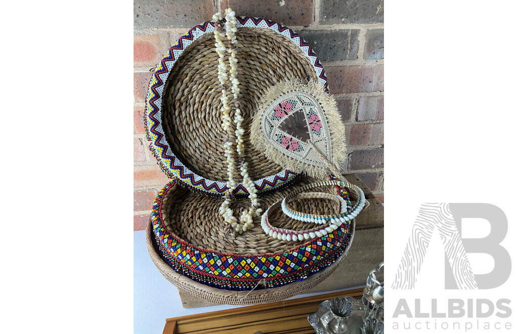 Collection of Beaded Seagrass Trays, Hardwood Breakfast Tray and Plated Four Person Cruet Set, and Candle Snuffer