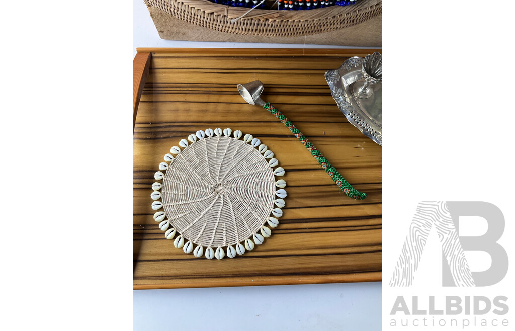 Collection of Beaded Seagrass Trays, Hardwood Breakfast Tray and Plated Four Person Cruet Set, and Candle Snuffer