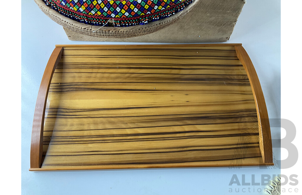 Collection of Beaded Seagrass Trays, Hardwood Breakfast Tray and Plated Four Person Cruet Set, and Candle Snuffer